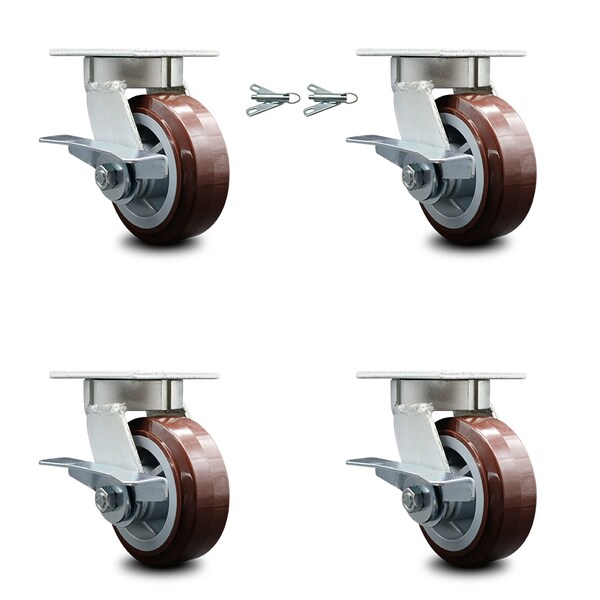 Service Caster 5 Inch Kingpinless Poly on Polyolefin Wheel Caster Brakes 2 Swivel Locks, 4PK SCC-KP30S520-PPUR-SLB-BSL-2-SLB-2 - main
